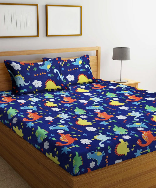 Blue Dinasaur Kids Flat Double Bedsheet with 2 Pillow Covers