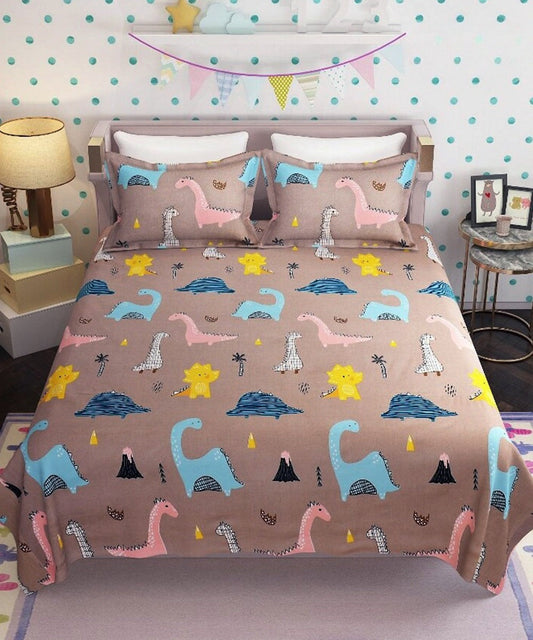 Dino Wonderland Flat Double Bedsheet With 2 Pillow Cover