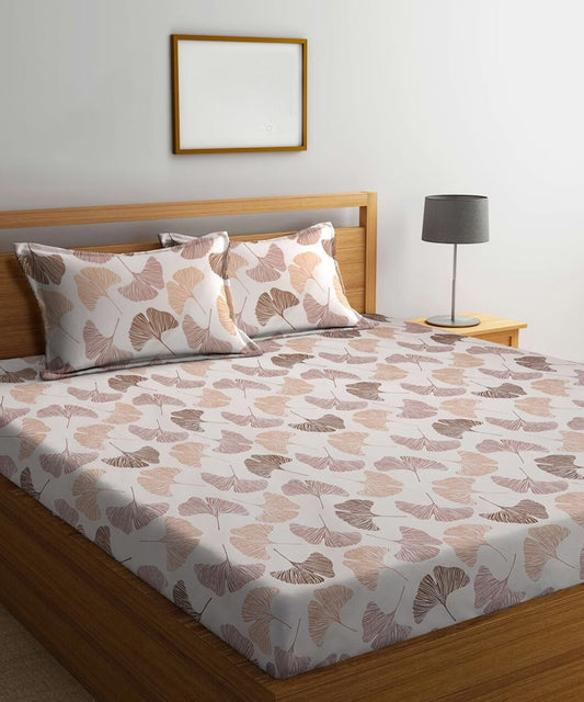 Off White Leaves Flat Double Bedsheet With 2 Pillow Cover