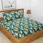 Dark Green Floral Flat Double  Bedsheet with 2 Pillow Covers