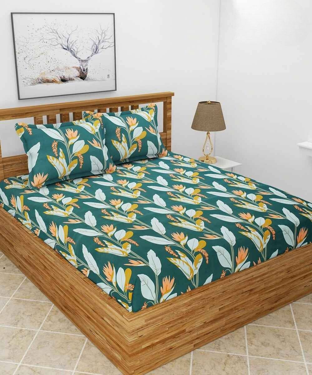 Dark Green Floral Flat Double  Bedsheet with 2 Pillow Covers