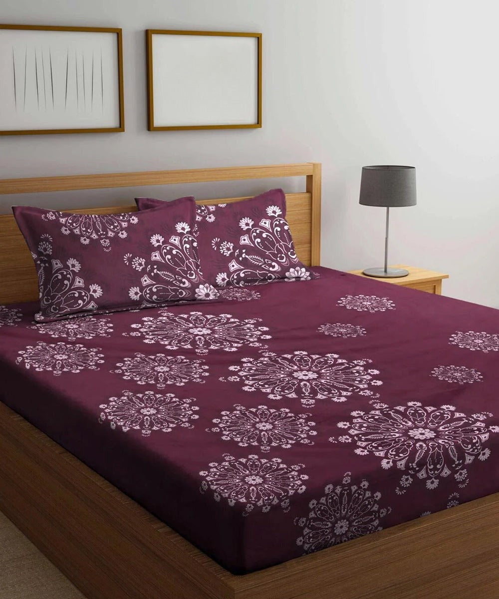 Wine Floral Flat Double Bedsheet With 2 Pillow Covers
