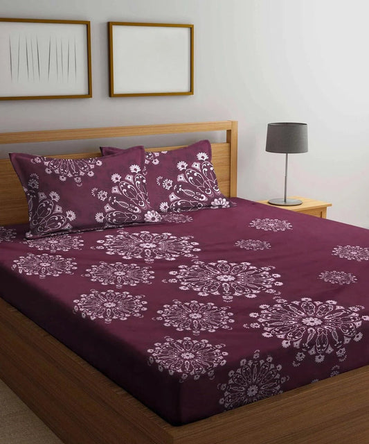 Wine Floral Flat Double Bedsheet With 2 Pillow Covers