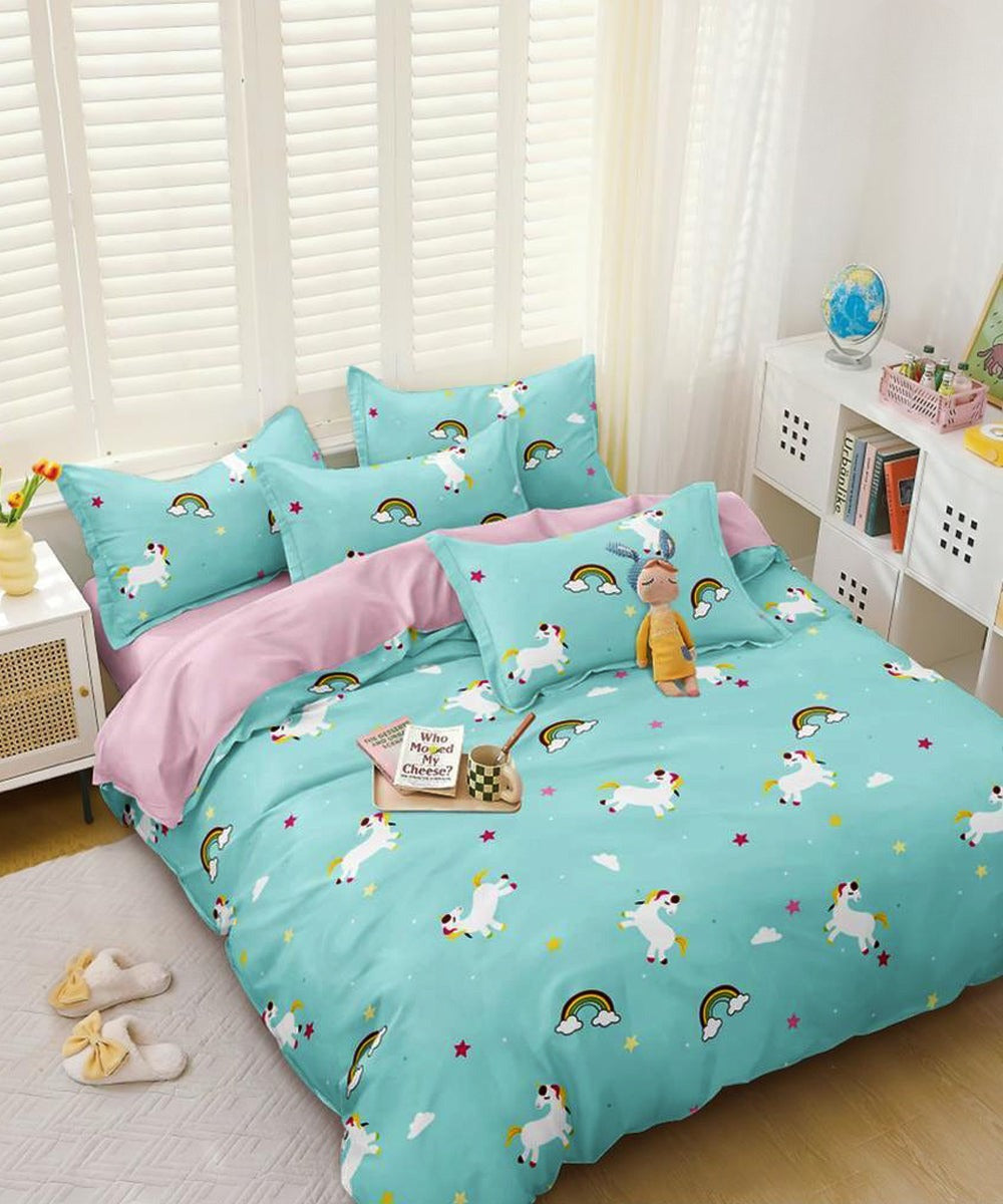 Blue Unicorn Flat King Bedsheet With 2 Pillow Covers