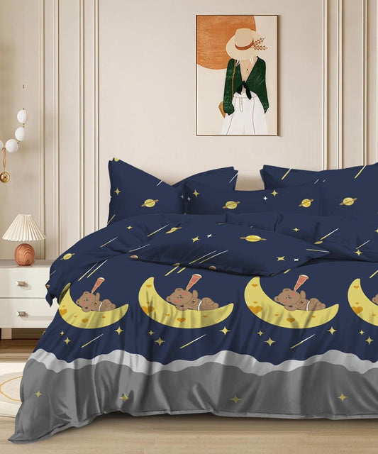 Moonlit Teddies Kids Flat Double Bedsheet With 2 Pillow Cover