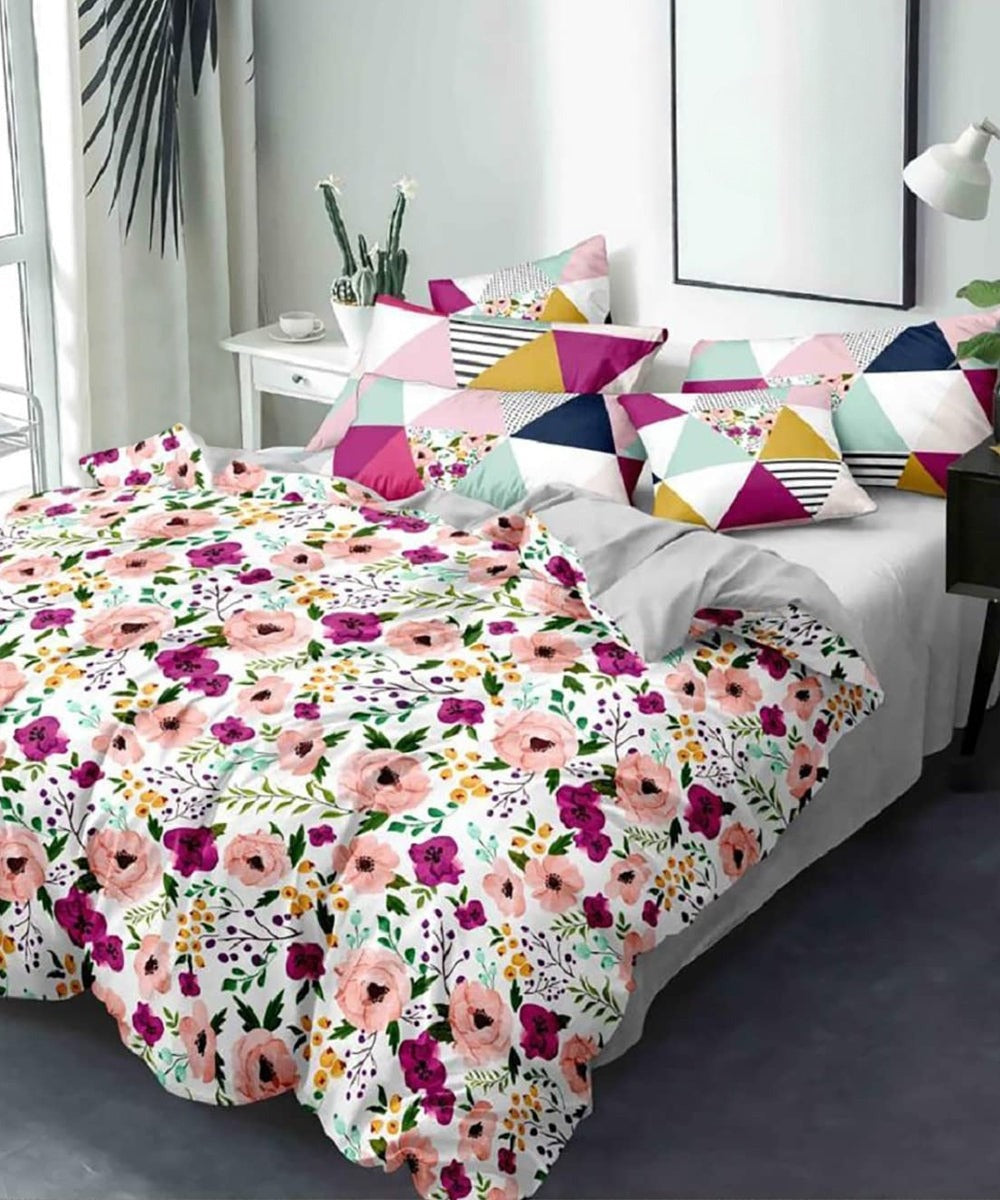 Multi Color Floral Flat King Bedsheet With 2 Pillow Covers
