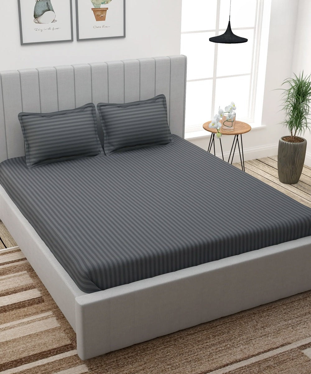 Grey Satin Stripe Flat King Bedsheet With 2 Pillow Covers